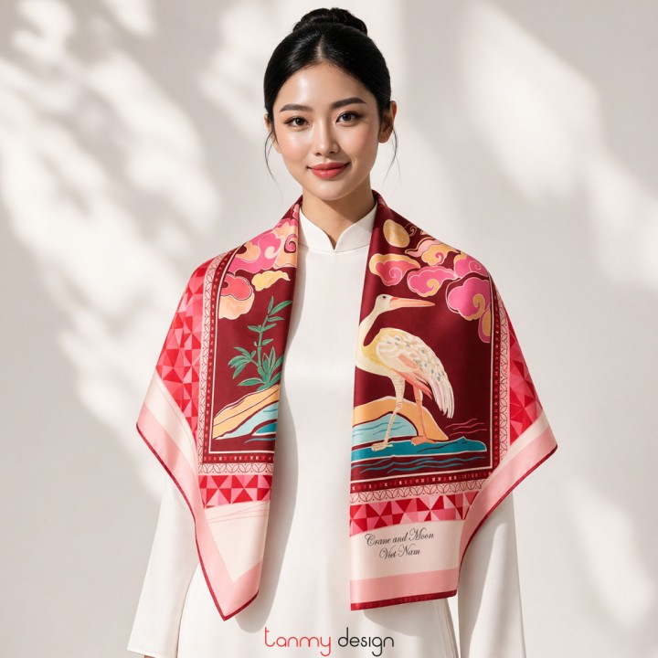 Silk scarf with The crane 90*90cm